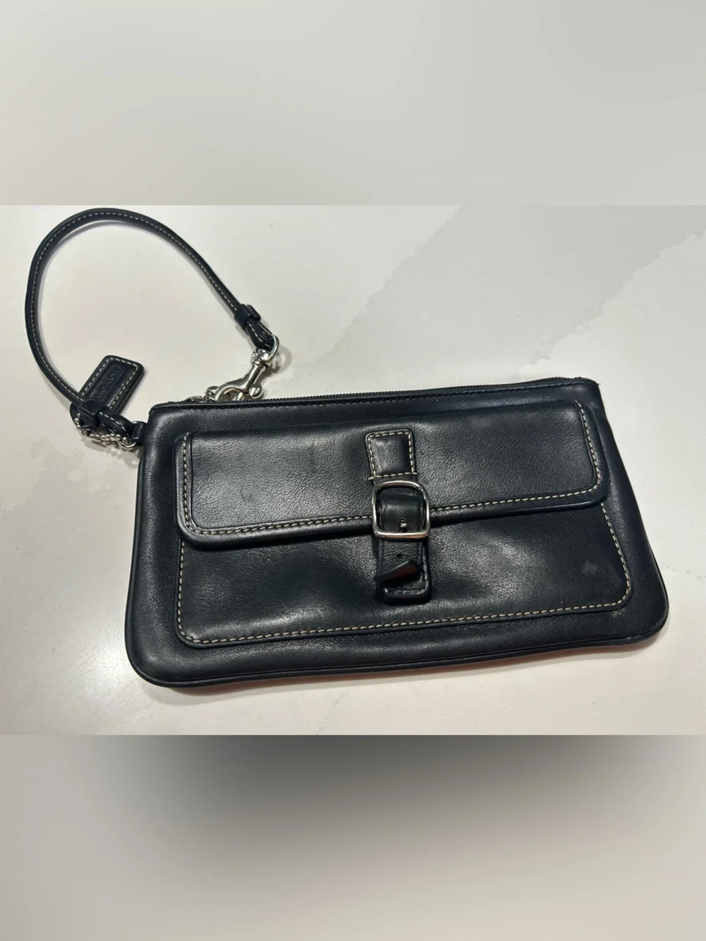 Coach Black Leather Clutch Wristlet with Front Buckle Pocket